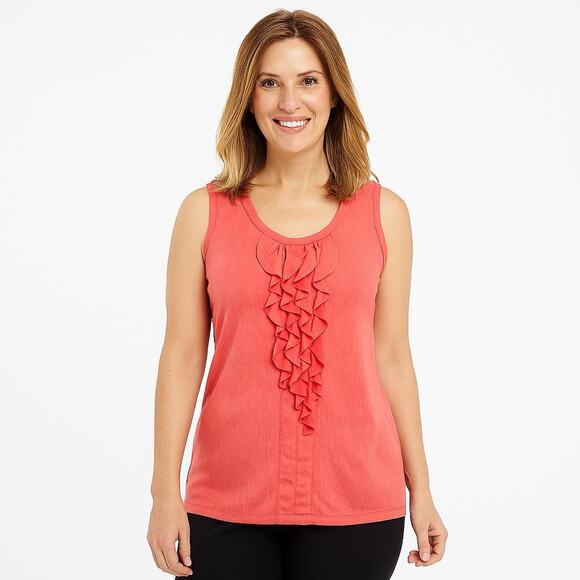 Chico's Top Women's 3 (XL) Calypso Coral Sleeveless Ruffle Front Liquid Knit - Picture 1 of 7